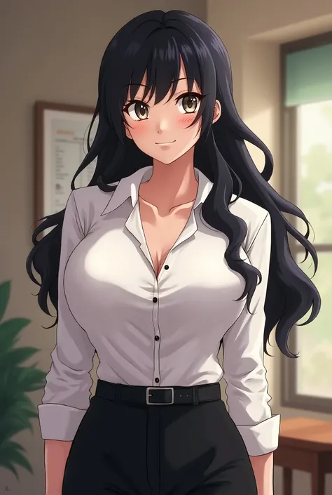 Boa Hancock in teacher outfit Accurate, Bangs, Breasts, Large breasts, Smile, Simple background, Anime Style, unbutton shirt, black pants 