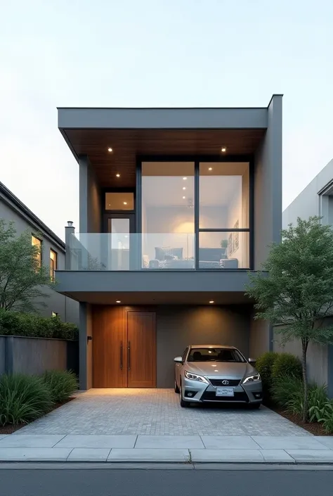 Design a small, modern two-story single-family house on a lot measuring 6 meters wide by 20 meters deep. The facade should feature clean lines and geometric shapes, utilizing a combination of contemporary materials like concrete, wood, and glass. Despite t...