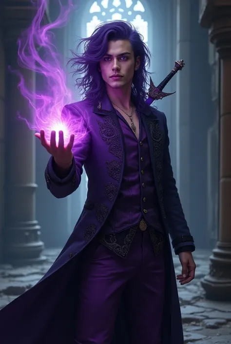 Create Baldurs Gate style a handsome young man with gothic makeup with very straight long purple hair with purple eyes wearing a purple metallic jacket with black ornaments with black pants with purple ornaments with a ghostly metallic purple sword on his ...