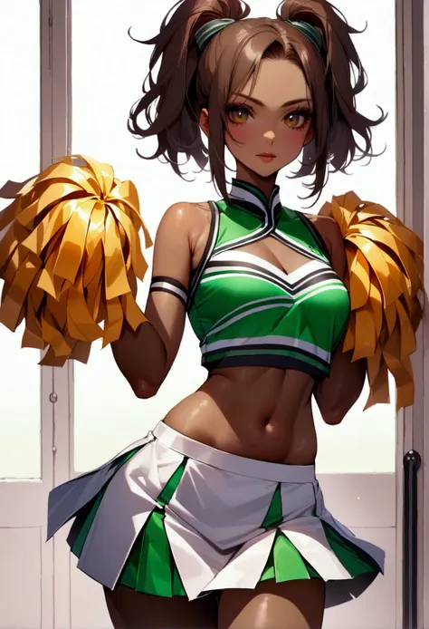 Brown-skinned femboy wearing team cheerleader clothes 