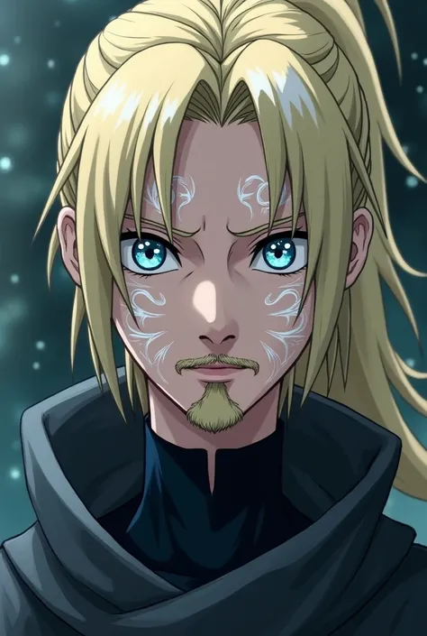 A blond young man with patches of white hair wearing a ponytail , goatee and mustache.  Make his eyes blue with white patterns and very dilated and visible black pupils, In the line of Naruto Shippuuden 