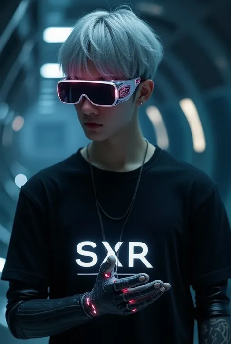 Photorealistic, Young handsome K-pop image with short hair, silver gray, wearing a black base T-shirt, with luminous SXR cific lettering in silver, high-tech, luxury, gloves made of led structures with cyber punk motifs. The SXR brand stands in a glowing g...