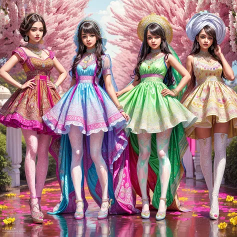 ((full body shot):1.5), a group of American babes,((Indian style):1.3), (in elegant Classic Lolita Princess Dress),( high waisted short dress :1.3), The background is a fantastic A creek in the flower field, ((Standing and posing)), Bimbo,  (Muticolored:1....