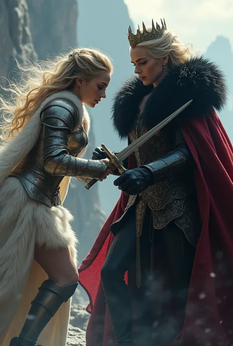 On the edge of a cliff, an Evil queen and a warrior princess having a sword fight. The evil queen has blond hairs, she is wearing a crown, a giant thick red and black fur coat with a huge collar, and leather elegant black gloves. The princess is wearing an...