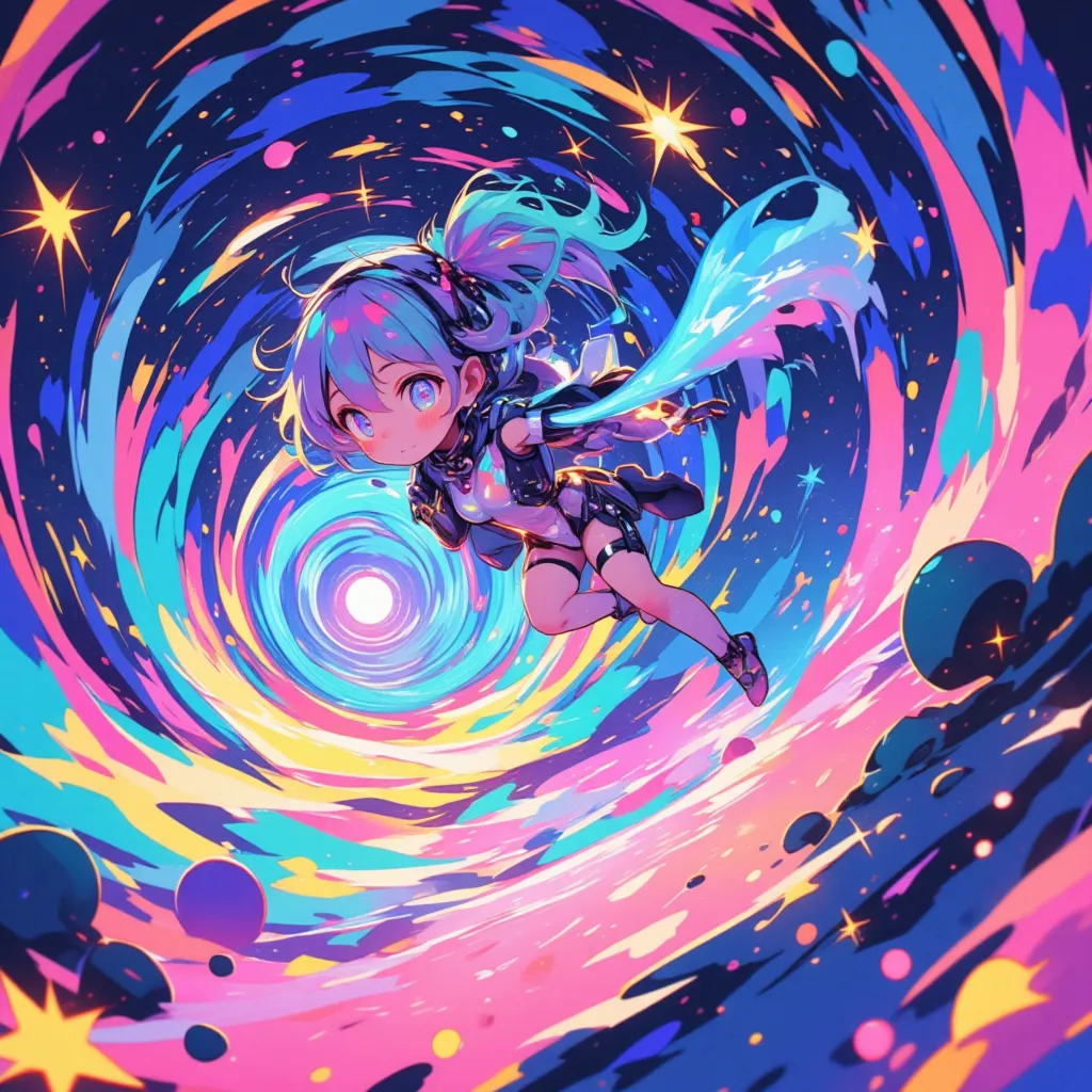 a cute chibi futuristic costume girl is jumping into the vivid space-like circle portal at the far end. cosmic eyes,cosmic hair ...