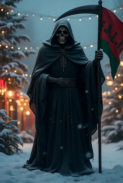 reaper, That he has written on his scythe "f.a.l.t" Add a Christmas background , Add a flag to the back of the one that has it written "REaPER"