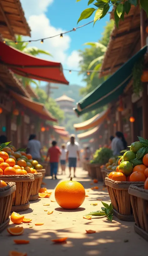 In a village market ,  there was only one orange left in the fruit stand. 