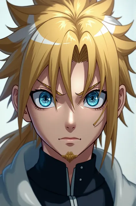 A blond young man with patches of white hair wearing a ponytail, goatee and mustache.  Make his eyes blue with white patterns and very dilated black pupils, In the line of Naruto Shippuuden 