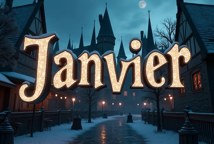 intricate LETTERING,french LETTERING,"JANVIER" LETTERING,style Disney,4D,Ultra Réaliste,très détaillé,couleurs vives,sombre,composition cinématographique,atmosphère fantastique,éléments magiques,Thème Harry Potter,Hedwige, monde des sorciers,rendu 3D réali...