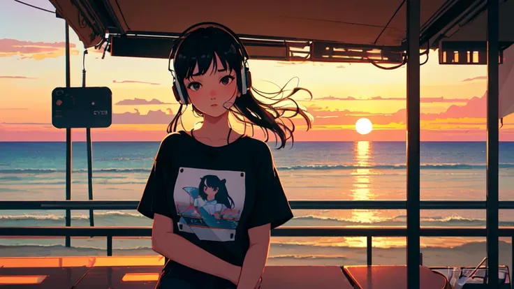 ((cowboy shot)), (lo-fi, retro, pale color, low contrast), (1girl, black hair, black eyes, t-shirt, headphone), (seaside cafe terrace, sunset), (dreamy atmosphere, nostalgic)