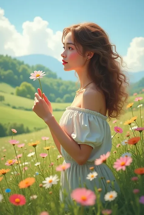  Create a photo of a calm landscape , with flowers and with an adult girl holding a flower and admiring nature. With hazelnut-colored curly hair,  thick eyebrows and rosy cheeks.