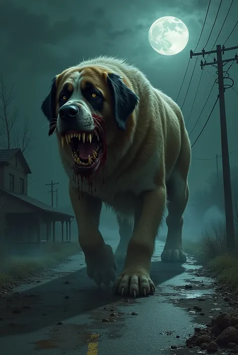 A horrible and monstrous-looking Saint Bernard dog with a rotten body walking alone at night on the dark road