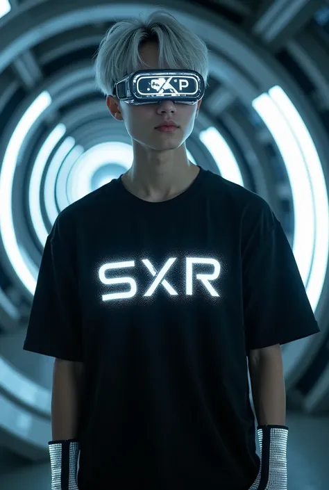 Photorealistic, Young handsome K-pop image with short hair, silver gray, wearing a black base T-shirt, with luminous SXR cific lettering in silver, high-tech, luxury, gloves made of led structures with cyber punk motifs. The SXR brand stands in a glowing g...