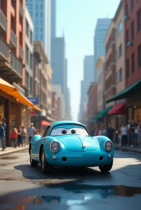 An effeminate blue car animated but with a realistic approach 
Through streets and buildings 