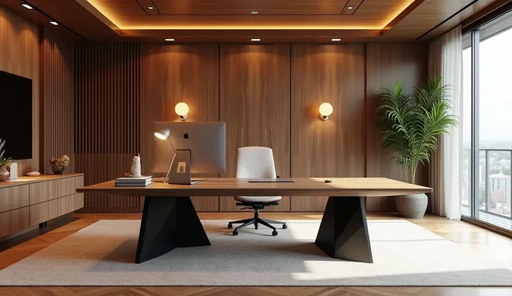  large wooden desk with computer and chair in the room ,  modern office ,  black vertical polygonal wood ,  wooden touches , ,  office decorations , home  office decorations ,  office ceiling panels ,  inside the office room  ,  Practical and elegant look ...