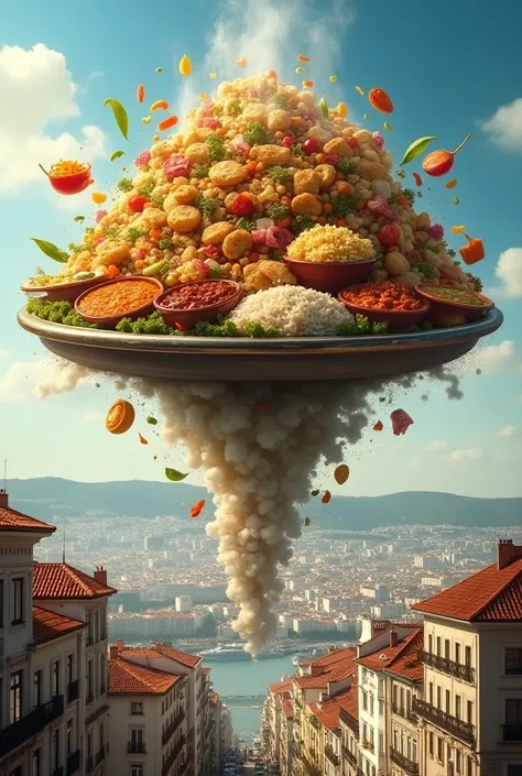 make a photo of giant Bangladeshi food platter falling from sky in lisbon