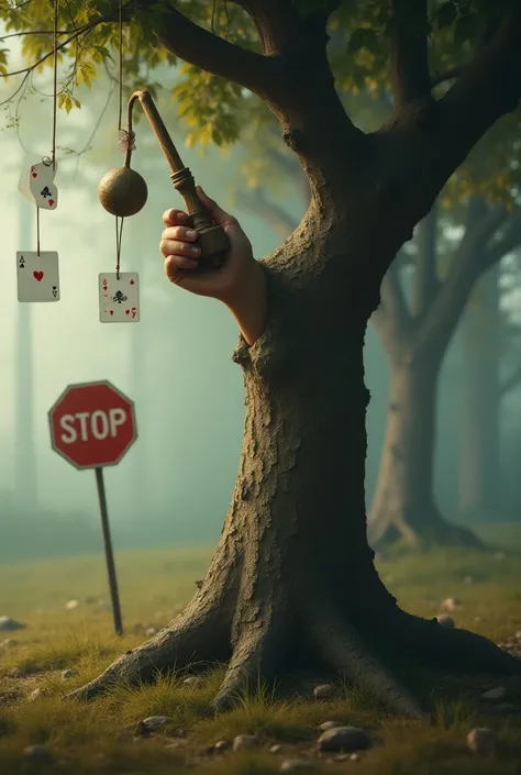 a hand that comes out of a tree and holds a tool in the background a traffic sign and on one side poker cards that hang , in a surreal environment, photographic quality