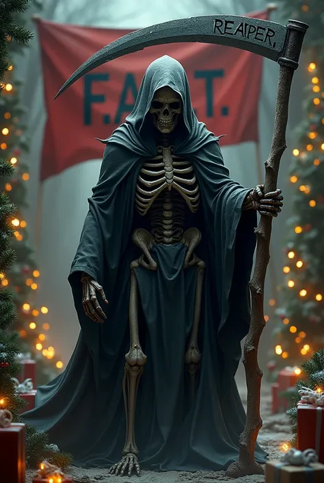 reaper, That he has written on his scythe "f.a.l.t" Add a Christmas background , Add a flag held by small skulls behind it and that has it written "REaPER"