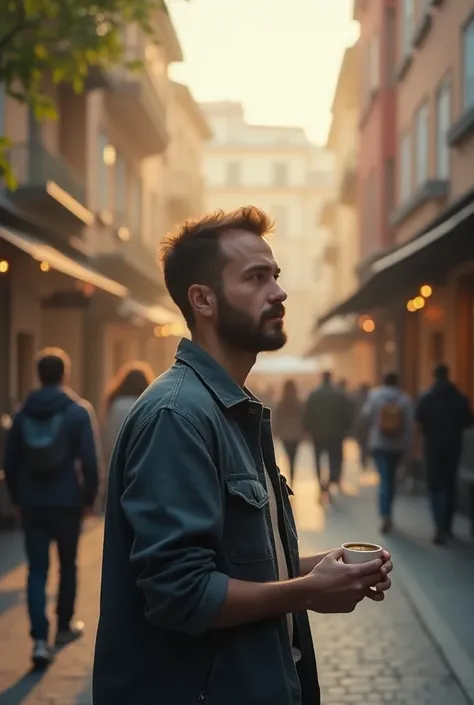 A man wearing a coffee looks towards the bustle with a calm look on his right and a busy atmosphere on his left