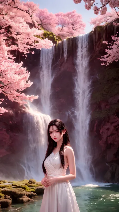 1girl, Solo, High Resolution, Long Hair, Black eyes, Closed Mouth, Black Hair, 8K Octane, wearing white dress, Behind waterfall,Behind Pink Sakura trees
