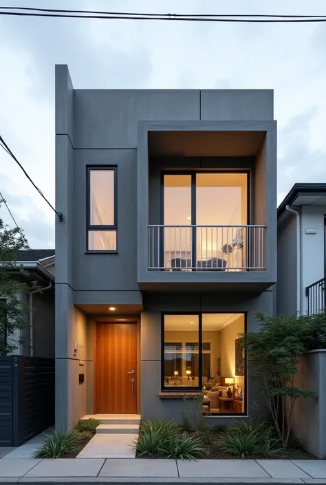 Design a small, modern two-story single-family house on a lot measuring 6 meters wide by 20 meters deep. The facade should feature clean lines and geometric shapes, utilizing a combination of contemporary materials like concrete, wood, and glass. Despite t...