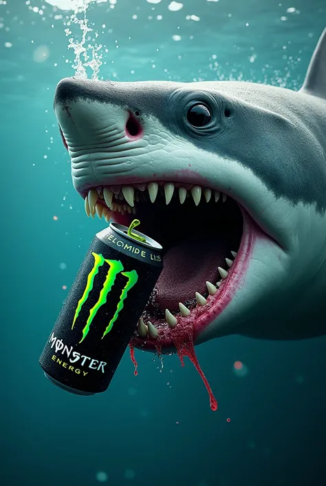 a close up of a shark with a can of monster energy in its mouth, monster energy, monster energy drink, monster art, girl drinks monster energy, mix of venom and cthulhu, fangs and slime, monster manula, scary sea monster, whale monsters, venomfang, slime m...