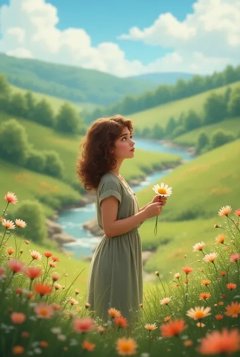  Create a photo of a calm landscape , with flowers , animals around, Countryside with an adult girl holding a flower and admiring nature. With hazelnut-colored curly hair, white pele,  thick eyebrows and rosy cheeks.