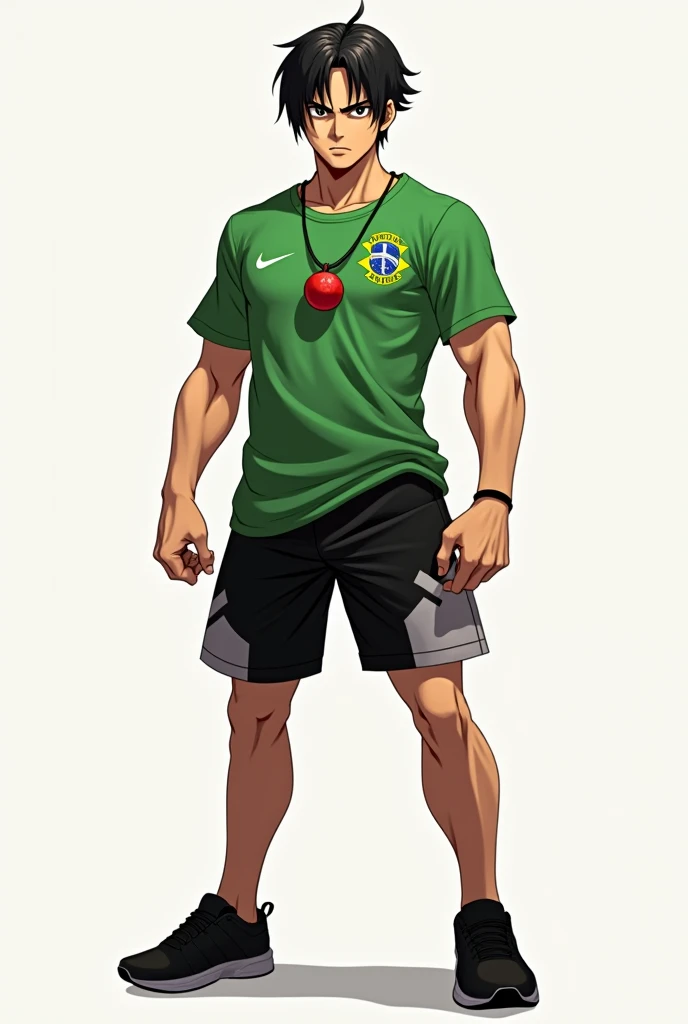  Make a fictional male character ATTACK ON TITAN STYLE,  black hair , Brazil t-shirt, Black shorts and a pair of black sneakers on the foot, He has a necklace with a red pendant around his neck, Make him stand up 