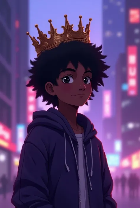 Delusional crowned black teenager, anime styled, purple color predominance, loney smile, modern setting