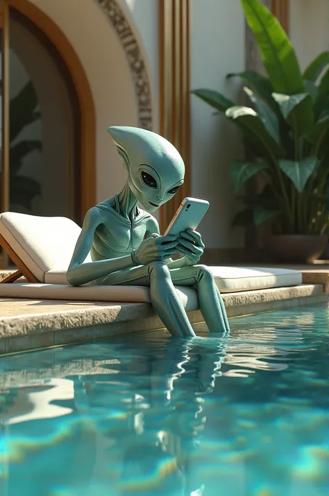 and.t. The alien ,  sitting on a pool lounger with a smartphone,  in a large alien mansion  