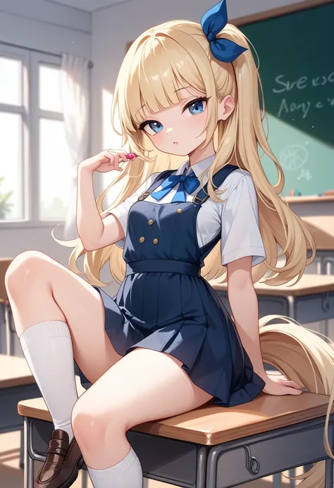  high quality　masterpiece　16k top image quality　Small breasts　 Blonde Blue Eyes 　Baby Face　long hair　 Had　hime_cut　　classroom　Young　紺色のjumper skirt uniform　 high quality　　 wearing clothes 　 Blue Ribbon 　White knee socks　pinafore dress uniform　Small breasts...