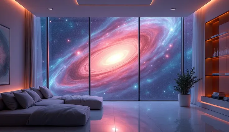 A minimalist, ultra-modern penthouse, with large windows looking out into space. A vibrant, swirling nebula outside the window reflects Aries need for dynamic surroundings, filled with energy and action. --ar 16:9

