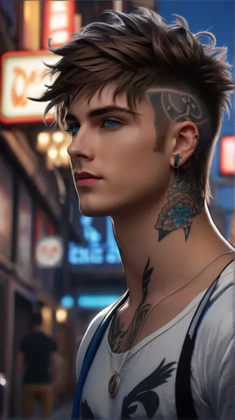 A close-up of a young man with striking blue eyes, styled hair with shaved designs on the side, and a slightly rebellious look. He has intricate tattoos along his neck and wears multiple piercings in his ear. The background is a bustling street filled with...