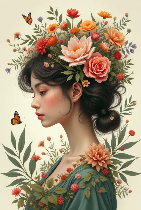 The womans face turned side by side with fluffy hair, with flowers around her head, birds, butterflies flying around the flowers.