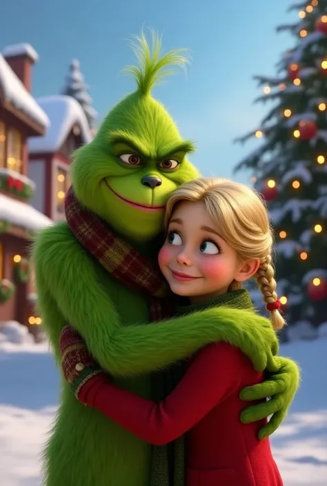 Grinch hugging a blonde girl with braids dressed for Christmas in a town in Cardones