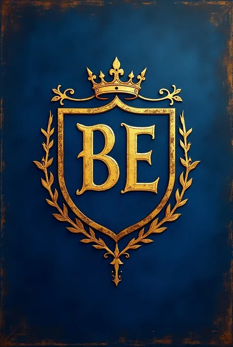  Create a flag with a medieval style ,  using shades of deep blue , like the color of the sea , golden details. in the center,  a medieval coat of arms with a rounded shield ,  adorned with aged gold borders . Inside the shield,  highlight the letters BE i...