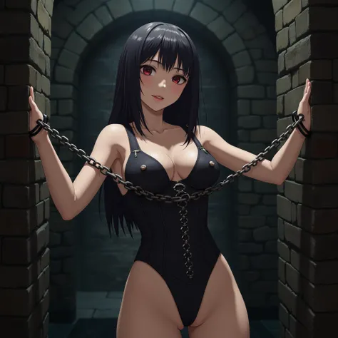 anime girl, An 18 year old girl with a sexy gothic look models in an old Victorian dungeon, arms chained to the walls, Highly erotic, BDSM, strap restraints, Suspenders, corset, style (((Japanese anime))), (anime, manga, hentai).