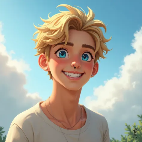  in the background clouds and the blue sky in the distance among the clouds a 19-year-old tall blond hair electrifying blue eyes smiling happily, He has a dimple in his cheek he has a black ring piercing on his lower lip realistic image 