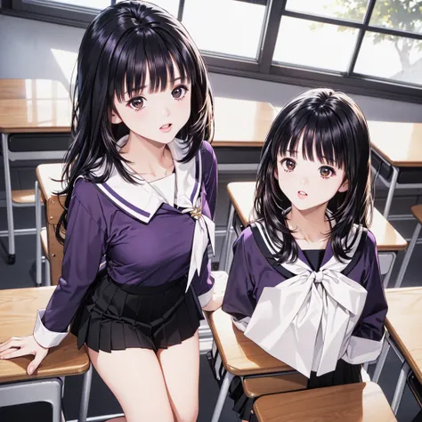 (8k、top-quality、​masterpiece:1.2)、(Realistic、 ultra-detailed、 super high definition、  beautiful and elaborate face that sparkles in the eyes , perfect body,( 1 girl,Long black hair),( school uniform, sailor suit,Purple Shirt,navy skirt,White Thailand), in ...