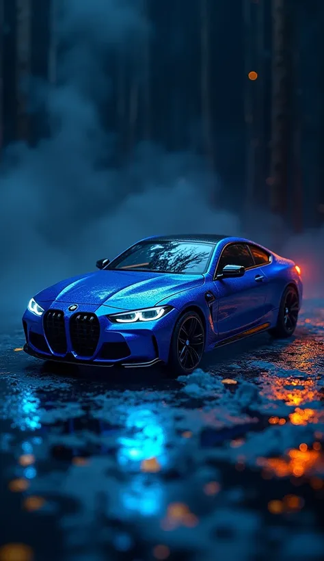 Create an image featuring a sleek BMW car and a radiant lapis lazuli diamond together in a luxurious, intense setting. The BMW has a polished, aerodynamic design with metallic accents, showcasing its elegance and power. Beside it, the lapis lazuli diamond ...