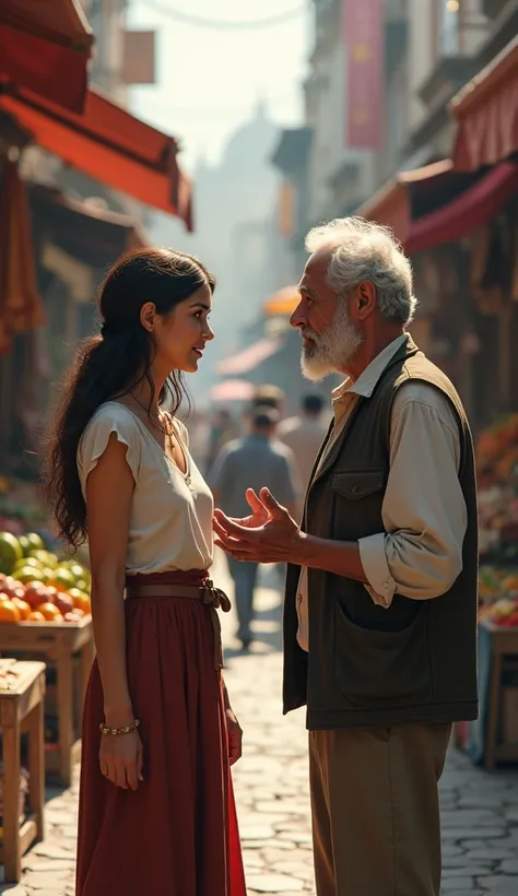 Sara and an old man talk at the market.