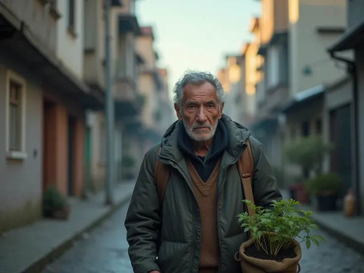 " Image of a cold, gray city at dawn ,  with tall buildings and painted walls .  an elderly man named Carlos with a tired expression walking and wearing simple clothes and holding a bag with small plant seedlings and a small shovel. 