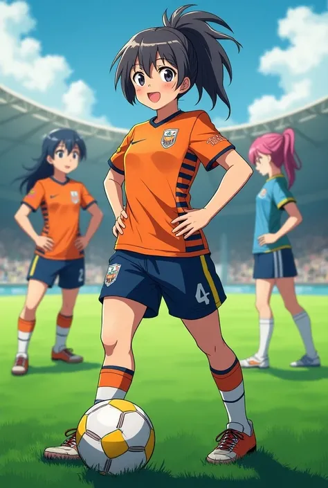 Make a full body soccer uniform for women with images integrated with anime characters that has bright colors and that says fusion 