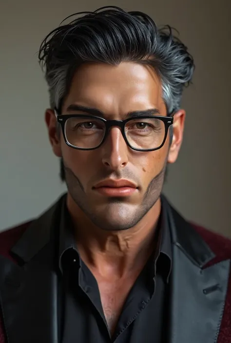 photography, young Hispanic male masculine perfection, 45 ans, closed chin, full lips, black  hair with a kittle gray, dark eyes, tan skin, stubble beard, wearing rich fancy clothing, glasses, realistic, 8k --v4