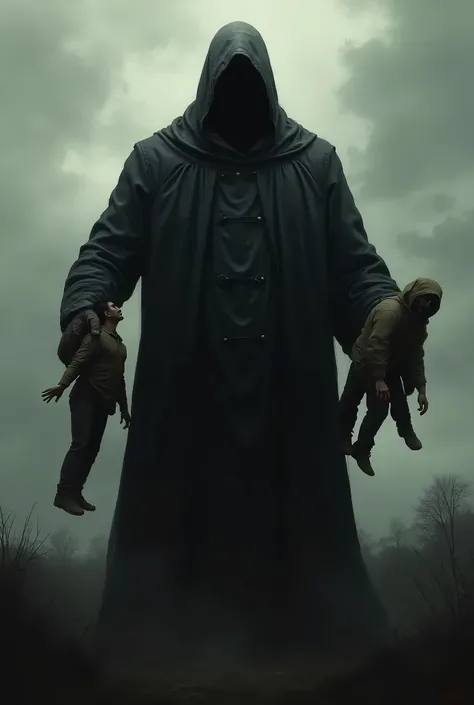  Create an image of a hooded dictator hiding his giant face ,  in the cloudy horizon carrying a man and a woman over his hand and looking at the camera., not on your back .  Scene the Walking Dead 