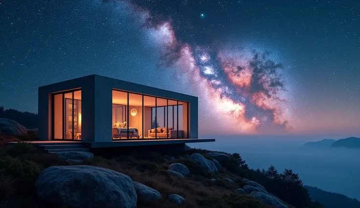 A modern, small cabin with split-level rooms, large windows showing the vast, infinite galaxy outside. The stars above appear dynamic, shifting in color and brightness, reflecting Geminis constant changeability. --ar 16:9

