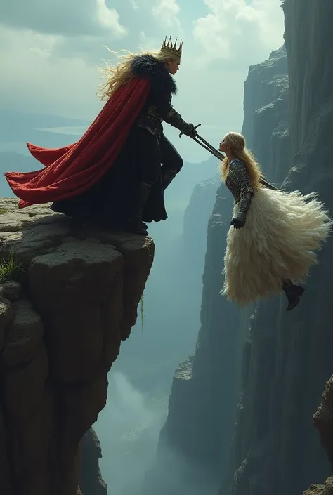 On the edge of a cliff, an Evil queen and a warrior princess having a sword fight. The evil queen has blond hairs, she is wearing a crown, a giant thick red and black fur coat with a huge collar, and leather elegant black gloves. The princess is wearing an...