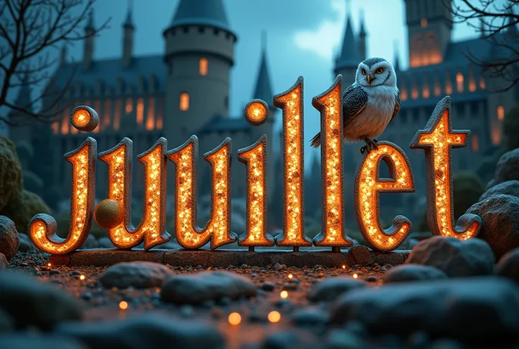 intricate LETTERING,french LETTERING,"JUILLET" LETTERING,style Disney,4D,Ultra Réaliste,très détaillé,couleurs vives,sombre,composition cinématographique,atmosphère fantastique,éléments magiques,Thème Harry Potter,Hedwige, golden snitch, monde des sorciers...