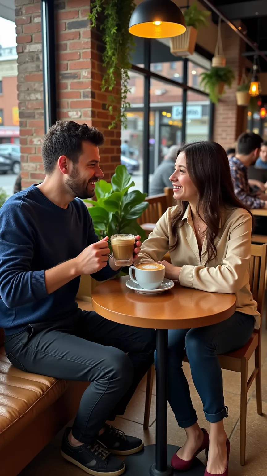 "create a scene of a first date at a cozy coffee shop. a man and woman sit at a small round table by a window, warm afternoon li...