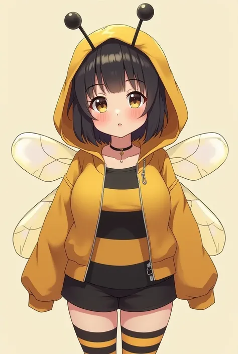 A shy anime girl with really big breasts with a bee clothes